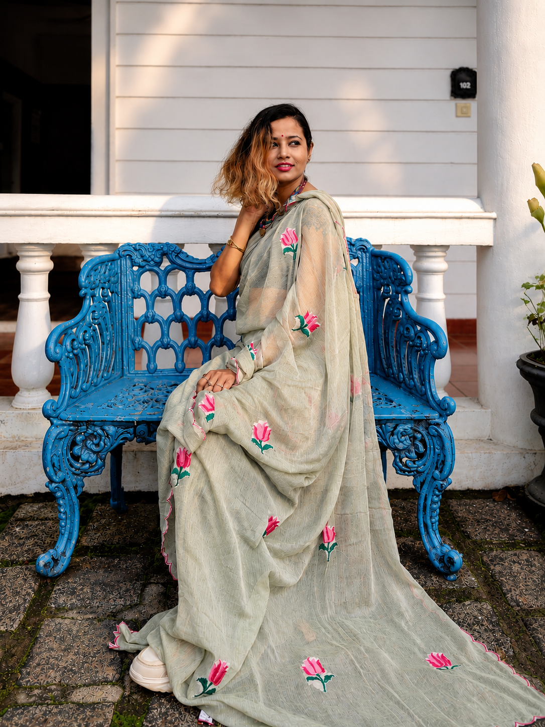 Pista Pie — Pista Green Lotus Embroidery Mul Mul Saree