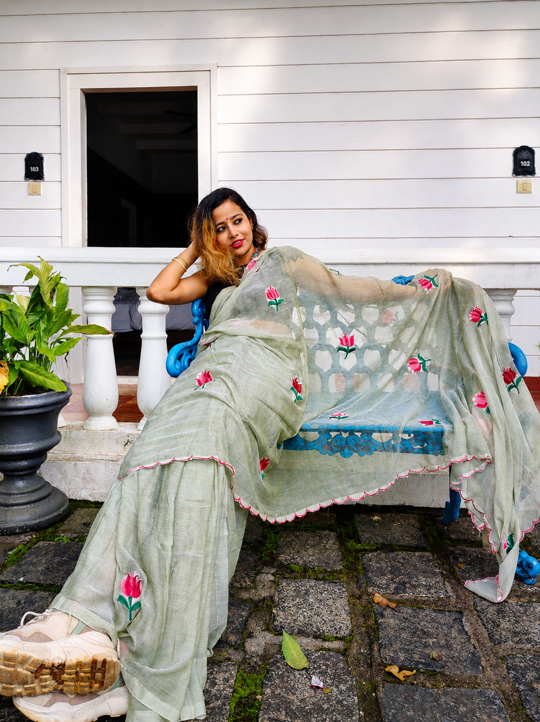 Pista Pie — Pista Green Lotus Embroidery Mul Mul Saree