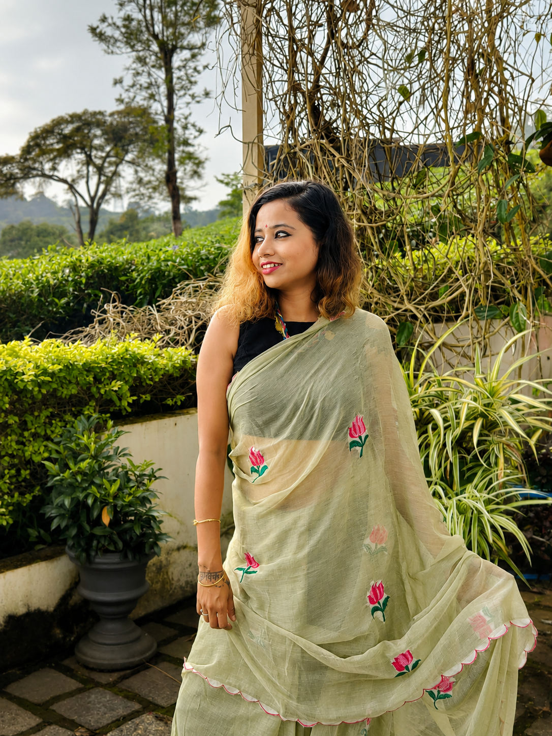 Pista Pie — Pista Green Lotus Embroidery Mul Mul Saree