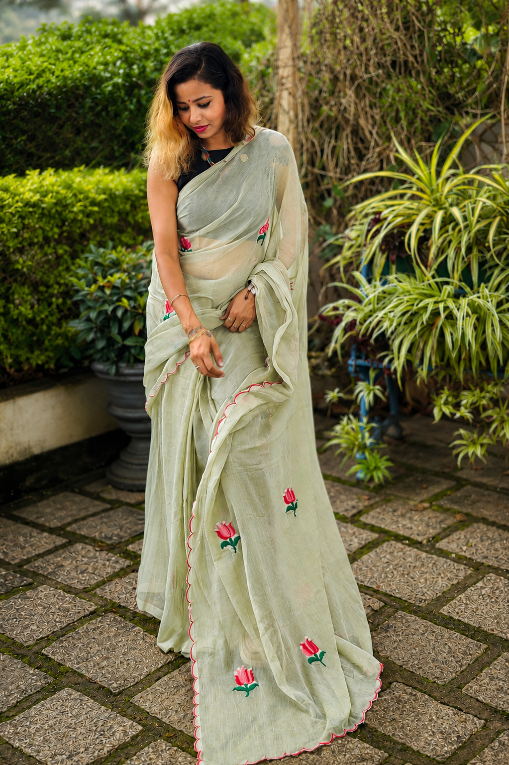 Pista Pie — Pista Green Lotus Embroidery Mul Mul Saree