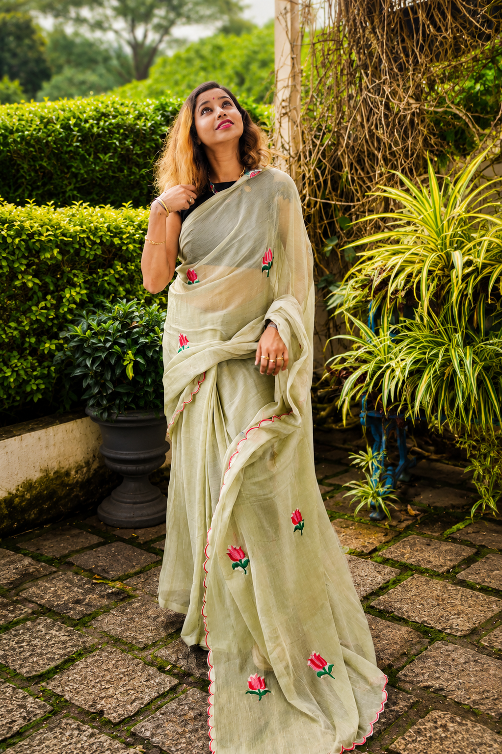 Pista Pie — Pista Green Lotus Embroidery Mul Mul Saree