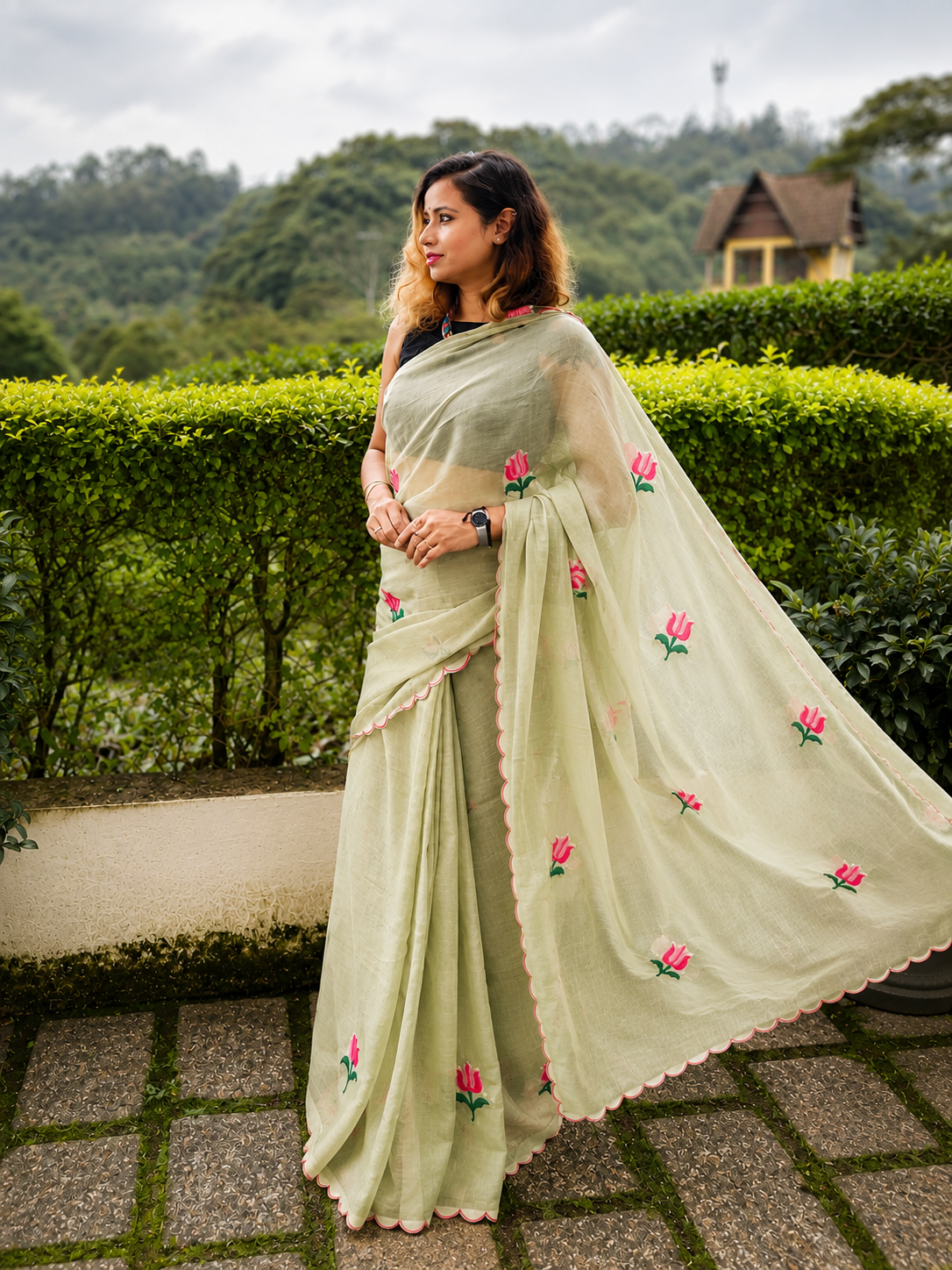 Pista Pie — Pista Green Lotus Embroidery Mul Mul Saree