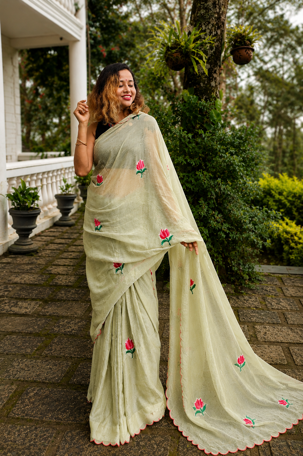 Pista Pie — Pista Green Lotus Embroidery Mul Mul Saree