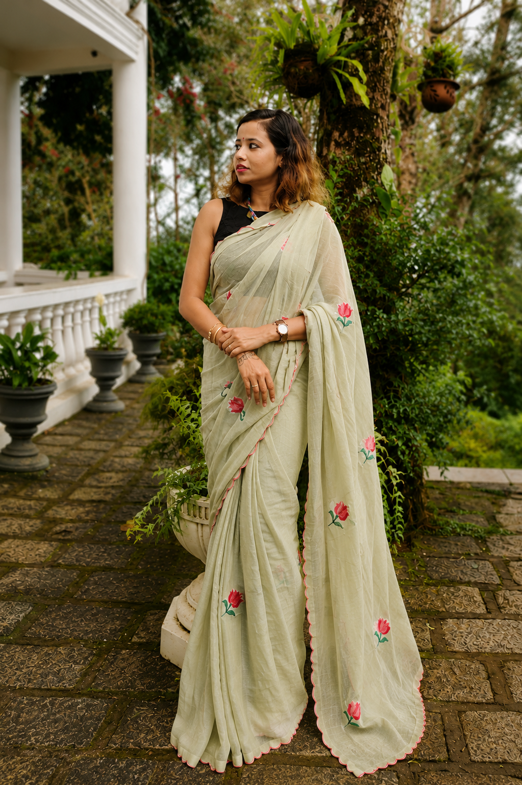 Pista Pie — Pista Green Lotus Embroidery Mul Mul Saree
