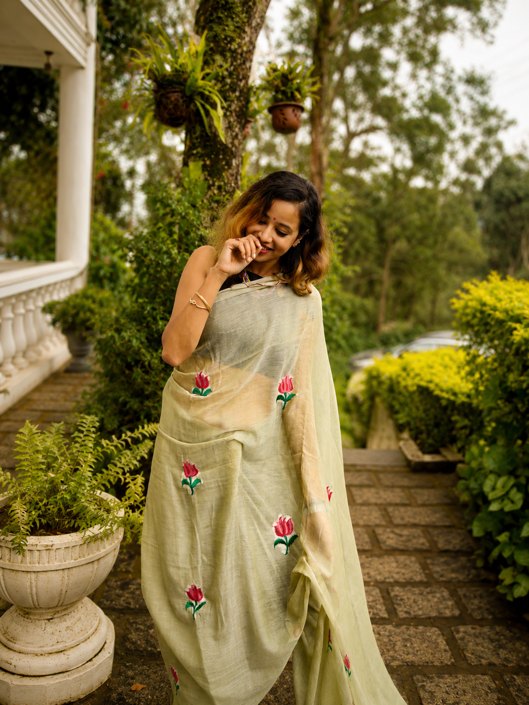 Pista Pie — Pista Green Lotus Embroidery Mul Mul Saree