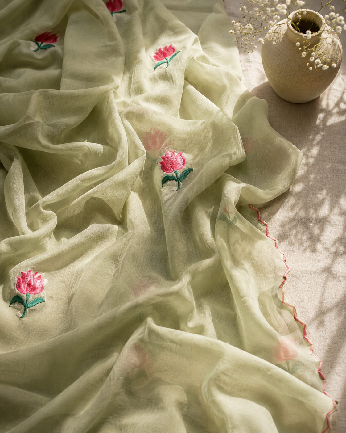 Pista Pie — Pista Green Lotus Embroidery Mul Mul Saree