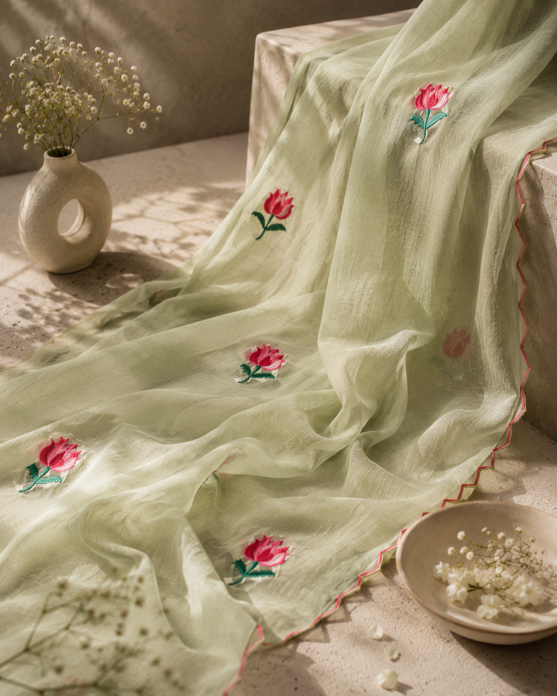 Pista Pie — Pista Green Lotus Embroidery Mul Mul Saree