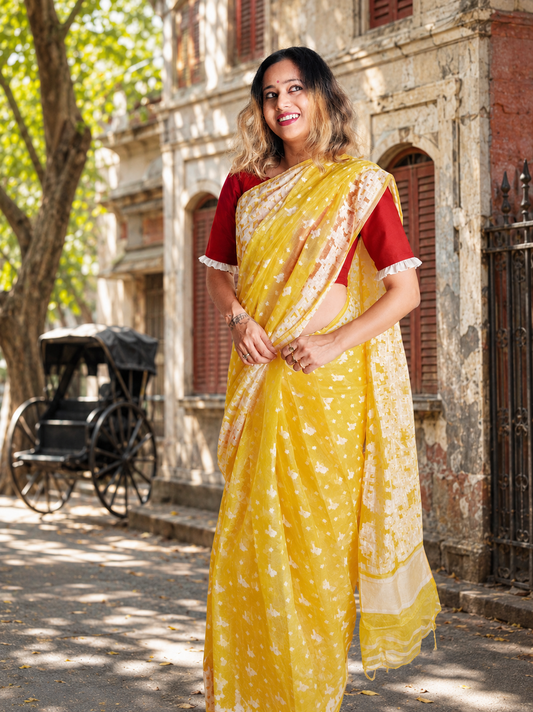 Lemon Zing — Dark Yellow Jamdani Cotton Saree Saree