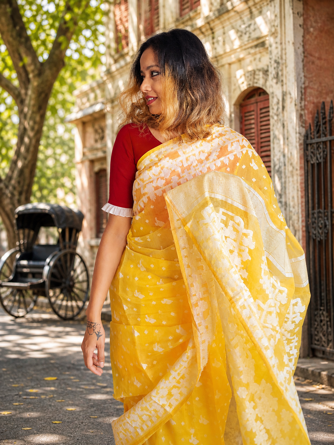 Lemon Zing — Dark Yellow Jamdani Cotton Saree Saree