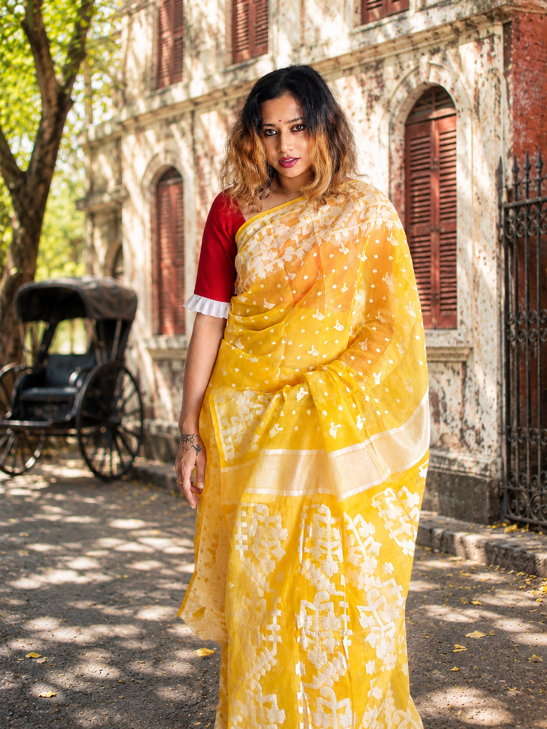 Lemon Zing — Dark Yellow Jamdani Cotton Saree Saree