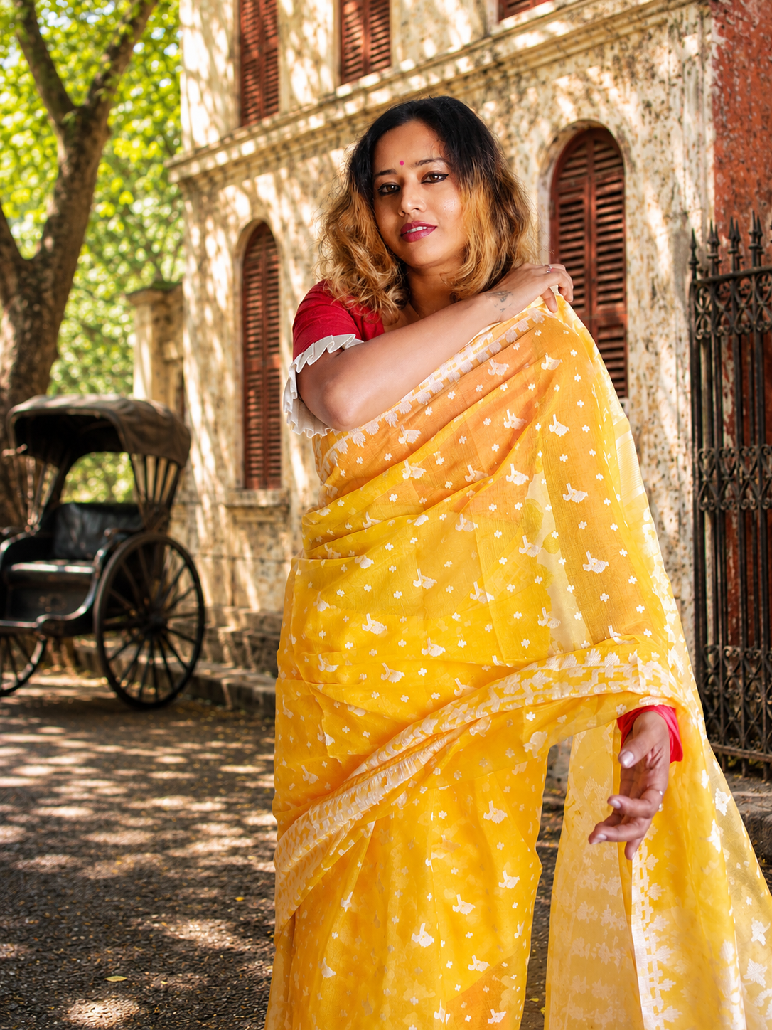 Lemon Zing — Dark Yellow Jamdani Cotton Saree Saree
