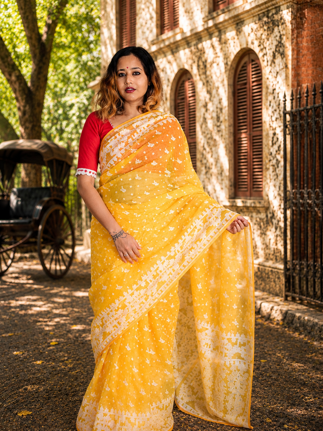 Lemon Zing — Dark Yellow Jamdani Cotton Saree Saree