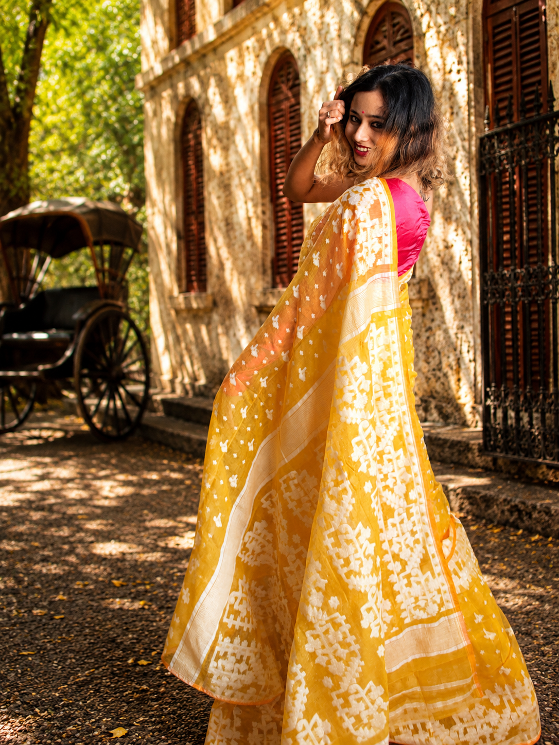 Lemon Zing — Dark Yellow Jamdani Cotton Saree Saree