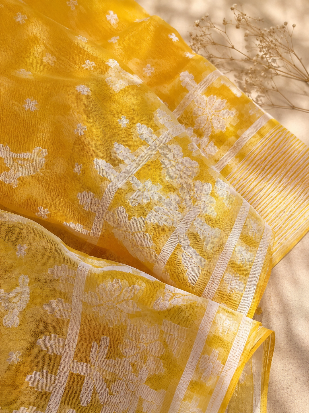 Lemon Zing — Dark Yellow Jamdani Cotton Saree Saree