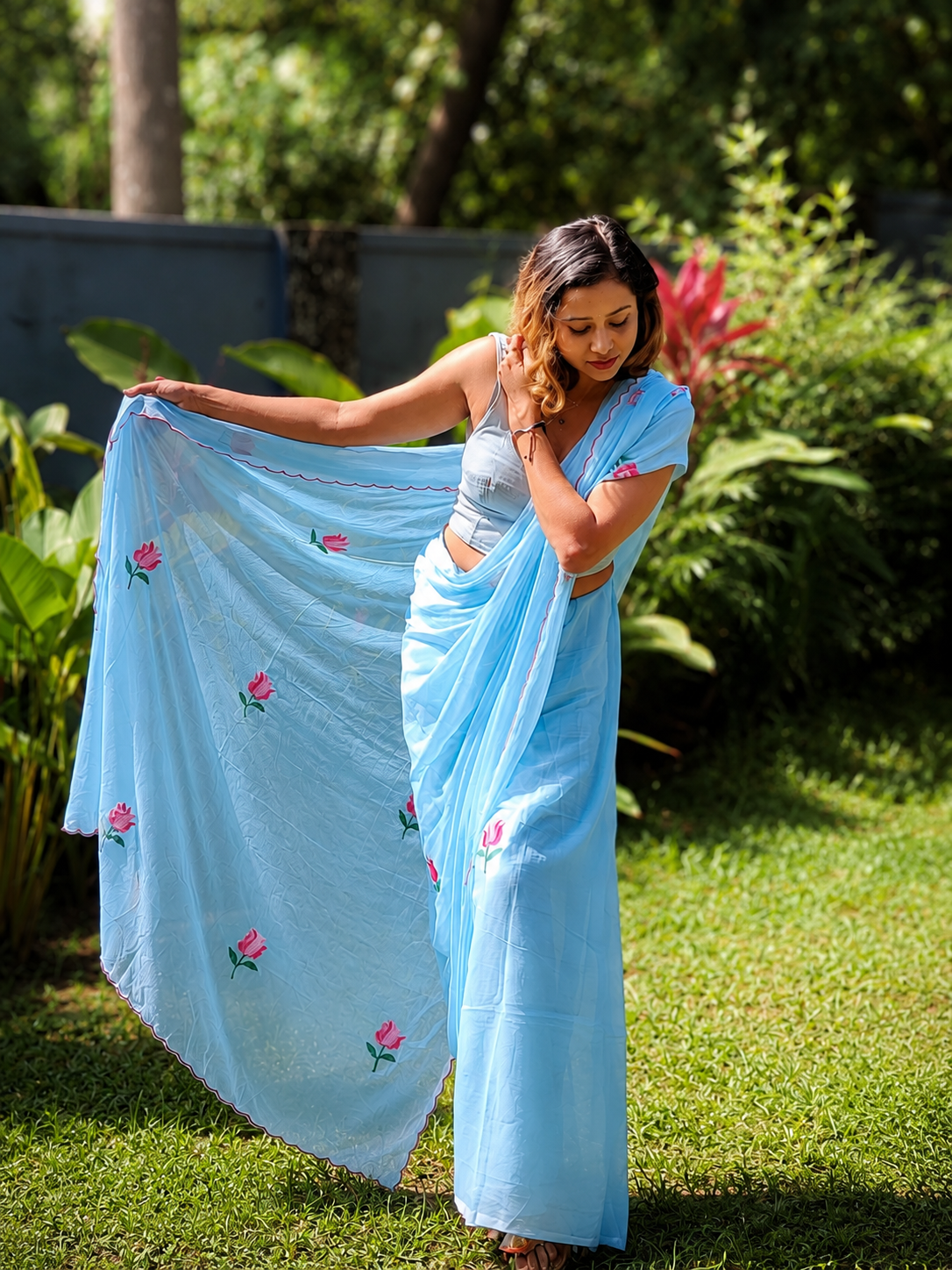 Cloud Kiss — Sky Blue Lotus Embroidery Mul Mul Saree