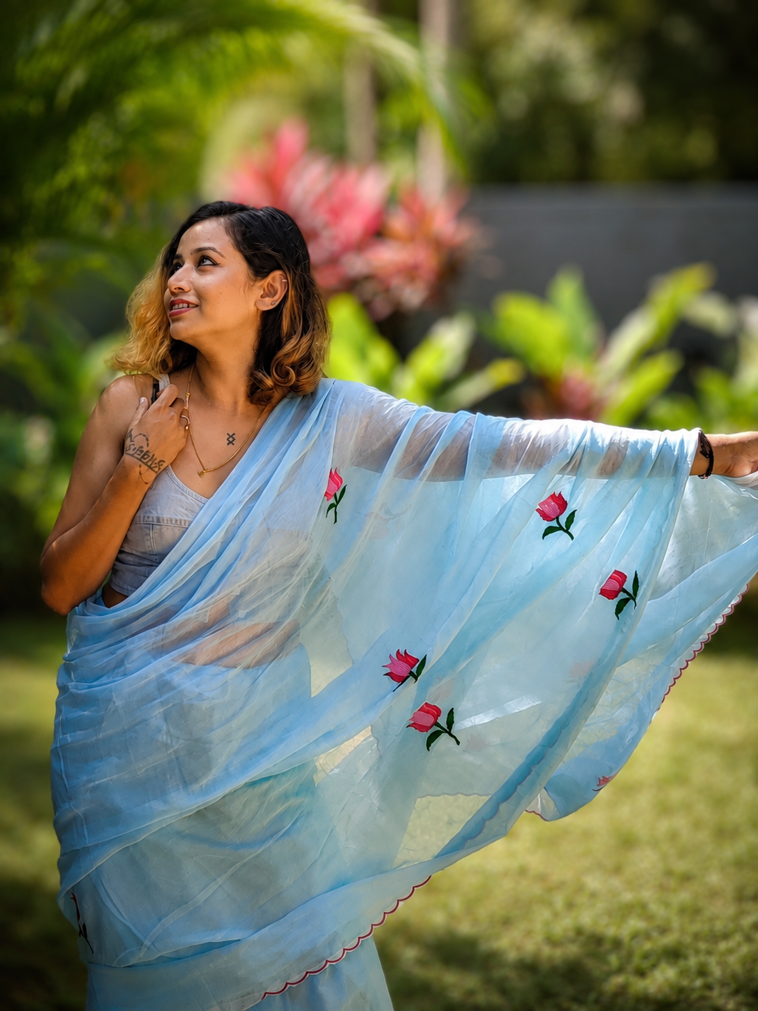 Cloud Kiss — Sky Blue Lotus Embroidery Mul Mul Saree