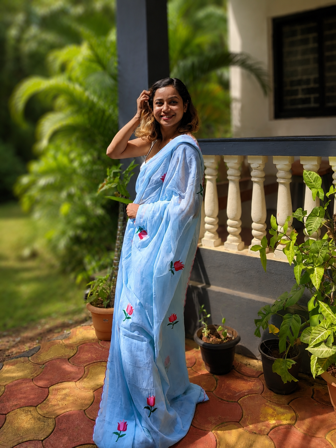 Cloud Kiss — Sky Blue Lotus Embroidery Mul Mul Saree