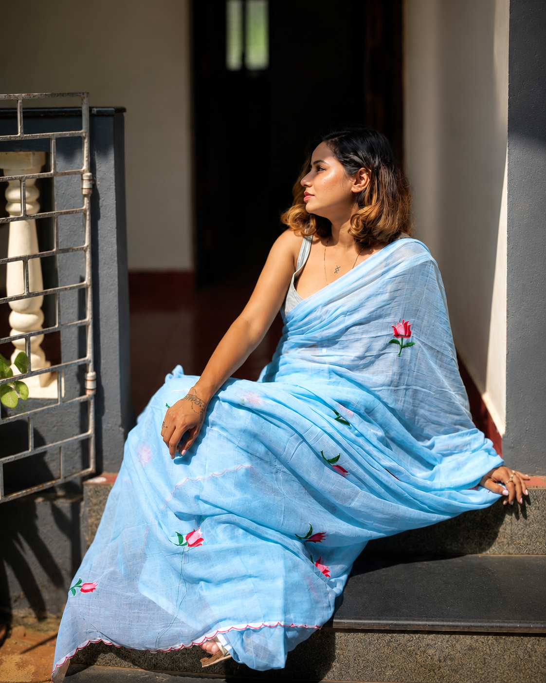 Cloud Kiss — Sky Blue Lotus Embroidery Mul Mul Saree
