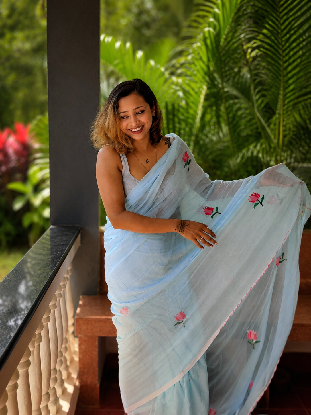 Cloud Kiss — Sky Blue Lotus Embroidery Mul Mul Saree