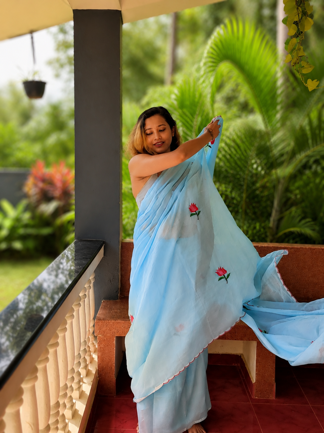 Cloud Kiss — Sky Blue Lotus Embroidery Mul Mul Saree