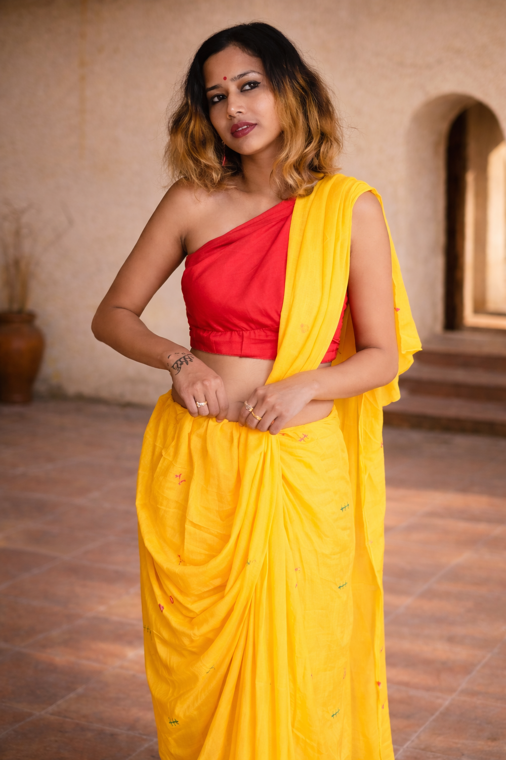 Mango Masti — Dark Yellow Mirror & Pompom Mul Mul Saree