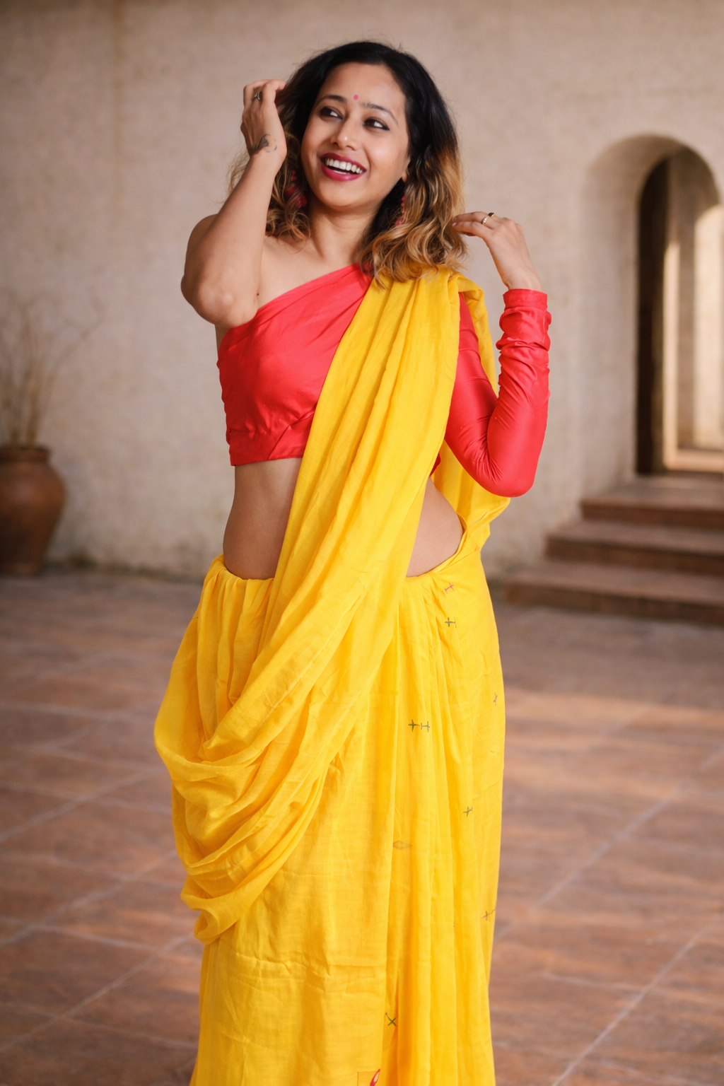 Mango Masti — Dark Yellow Mirror & Pompom Mul Mul Saree