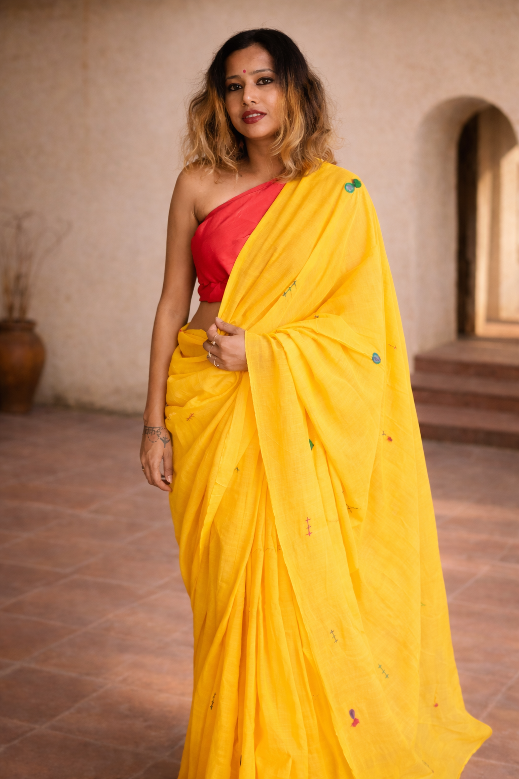 Mango Masti — Dark Yellow Mirror & Pompom Mul Mul Saree