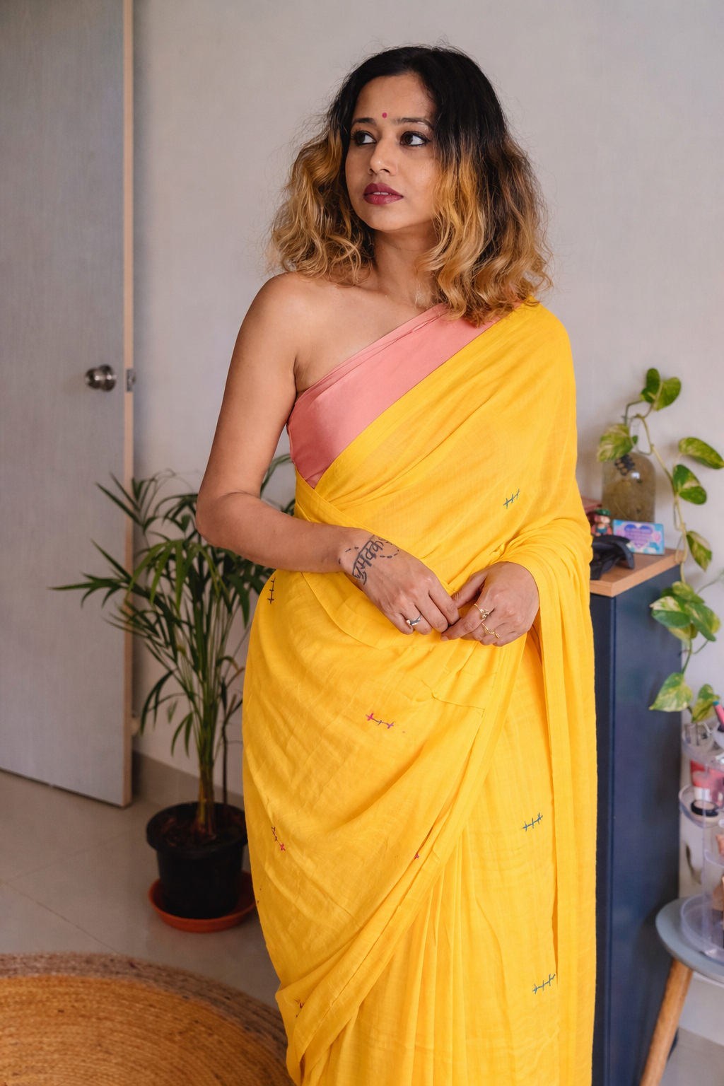 Mango Masti — Dark Yellow Mirror & Pompom Mul Mul Saree