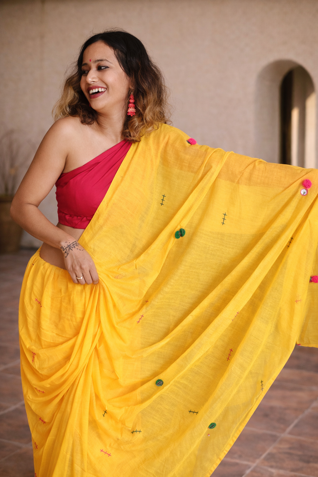 Mango Masti — Dark Yellow Mirror & Pompom Mul Mul Saree