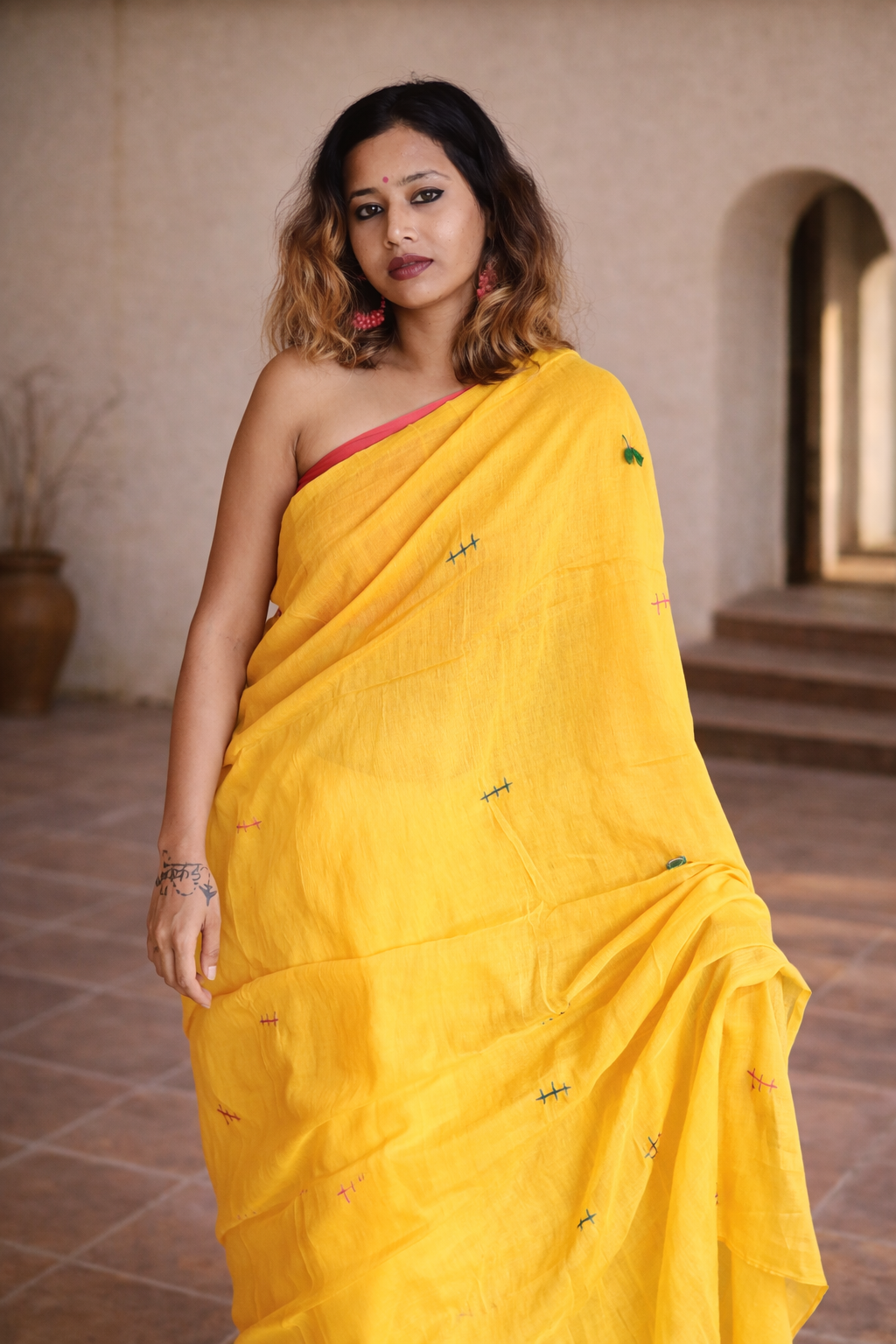 Mango Masti — Dark Yellow Mirror & Pompom Mul Mul Saree
