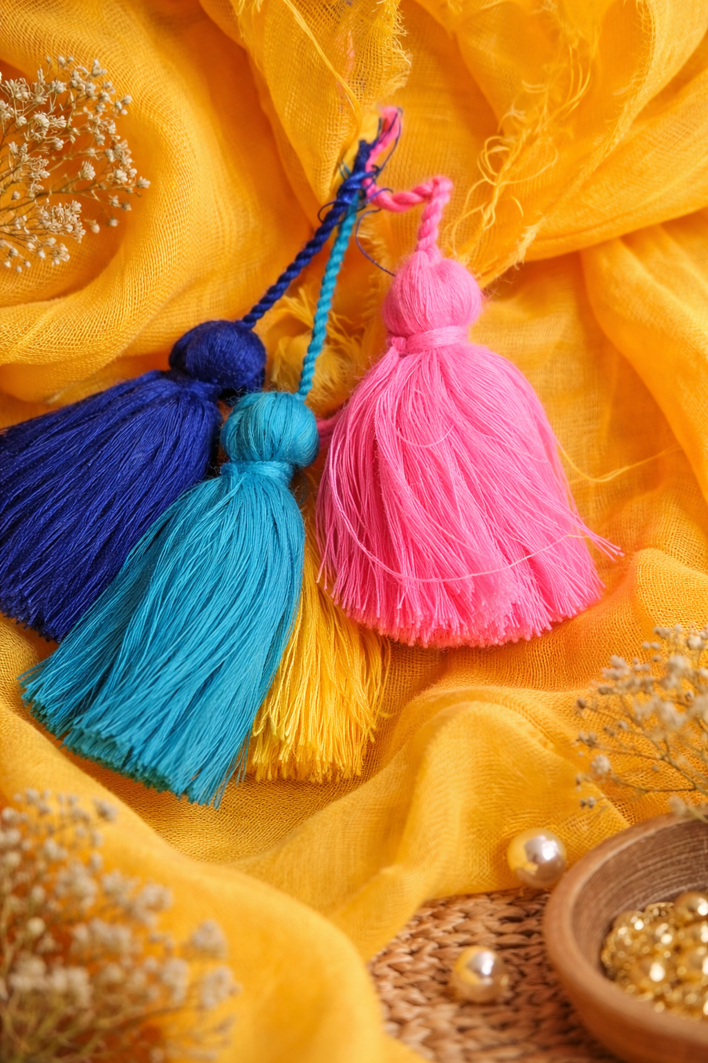 Mango Masti — Dark Yellow Mirror & Pompom Mul Mul Saree