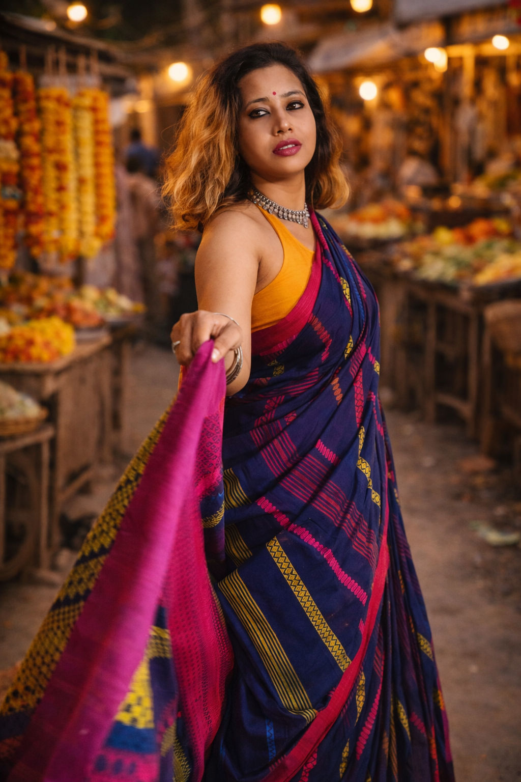 Jheel – Navy blue Bhujodi Handwoven Cotton Saree