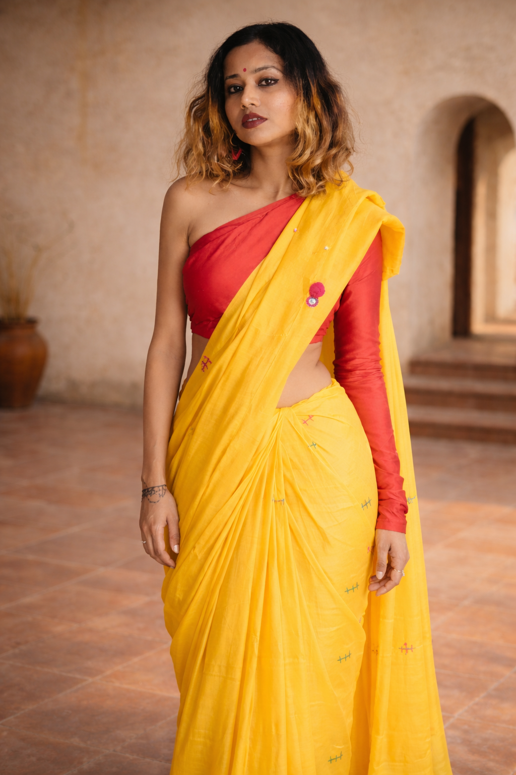 Mango Masti — Dark Yellow Mirror & Pompom Mul Mul Saree