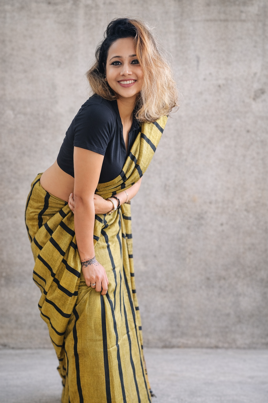 Olive — Olive Green & Black Broad Stripe Handwoven Cotton Saree