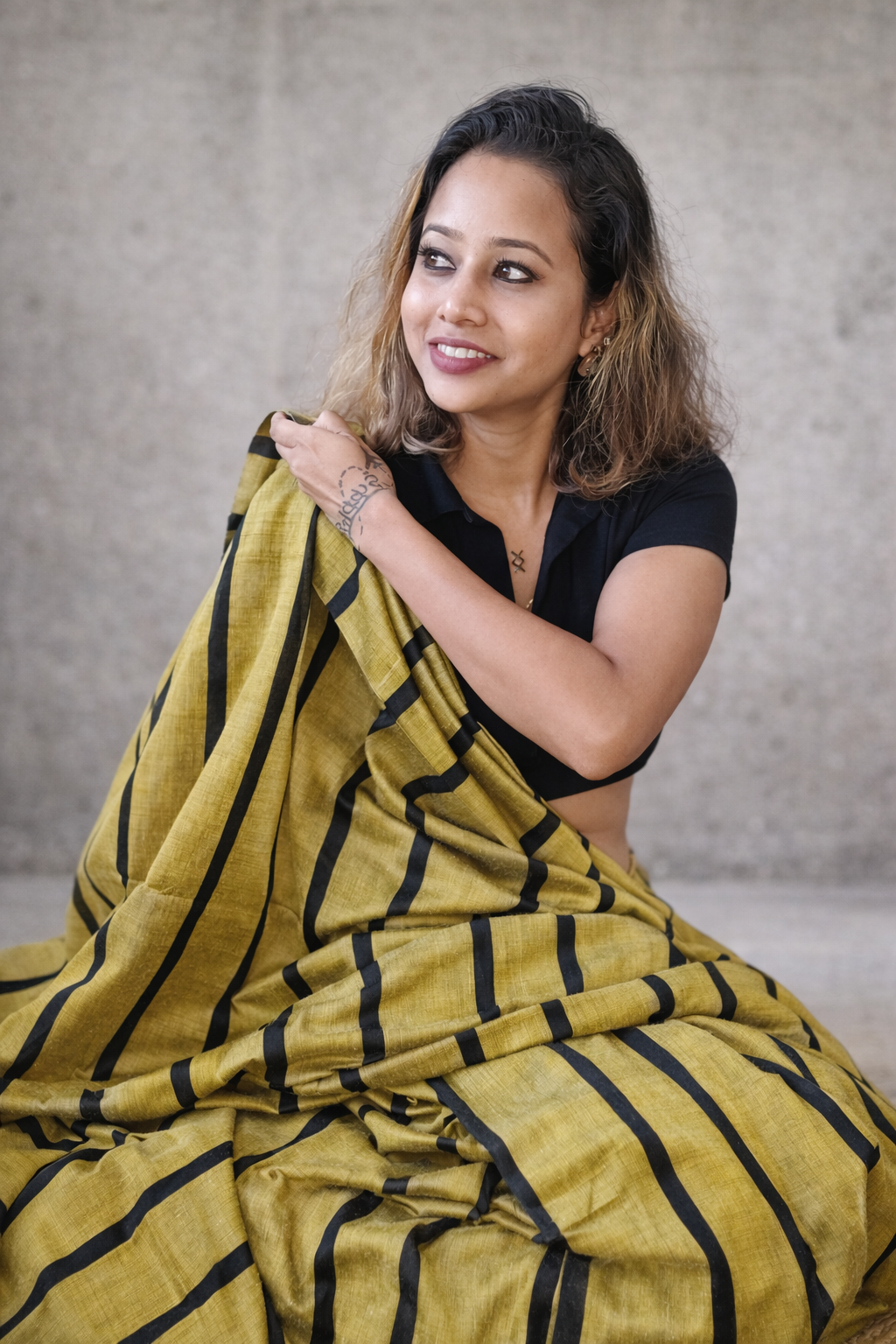 Olive — Olive Green & Black Broad Stripe Handwoven Cotton Saree
