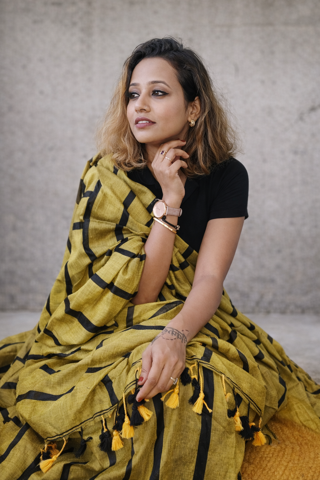 Olive — Olive Green & Black Broad Stripe Handwoven Cotton Saree