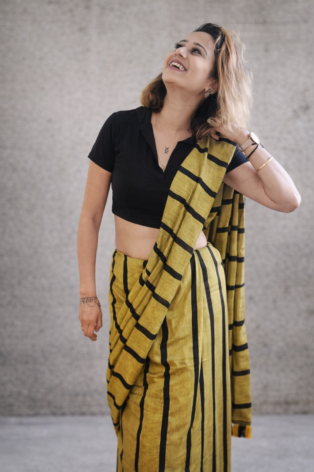 Olive — Olive Green & Black Broad Stripe Handwoven Cotton Saree