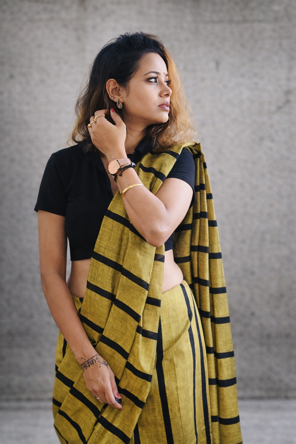 Olive — Olive Green & Black Broad Stripe Handwoven Cotton Saree