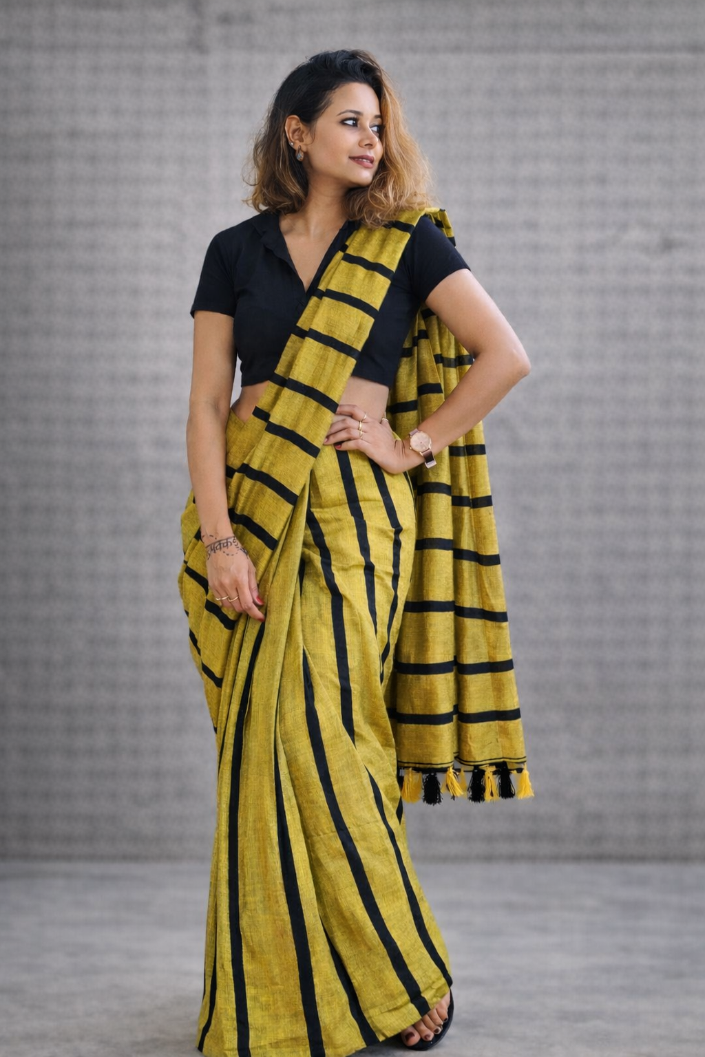 Olive — Olive Green & Black Broad Stripe Handwoven Cotton Saree