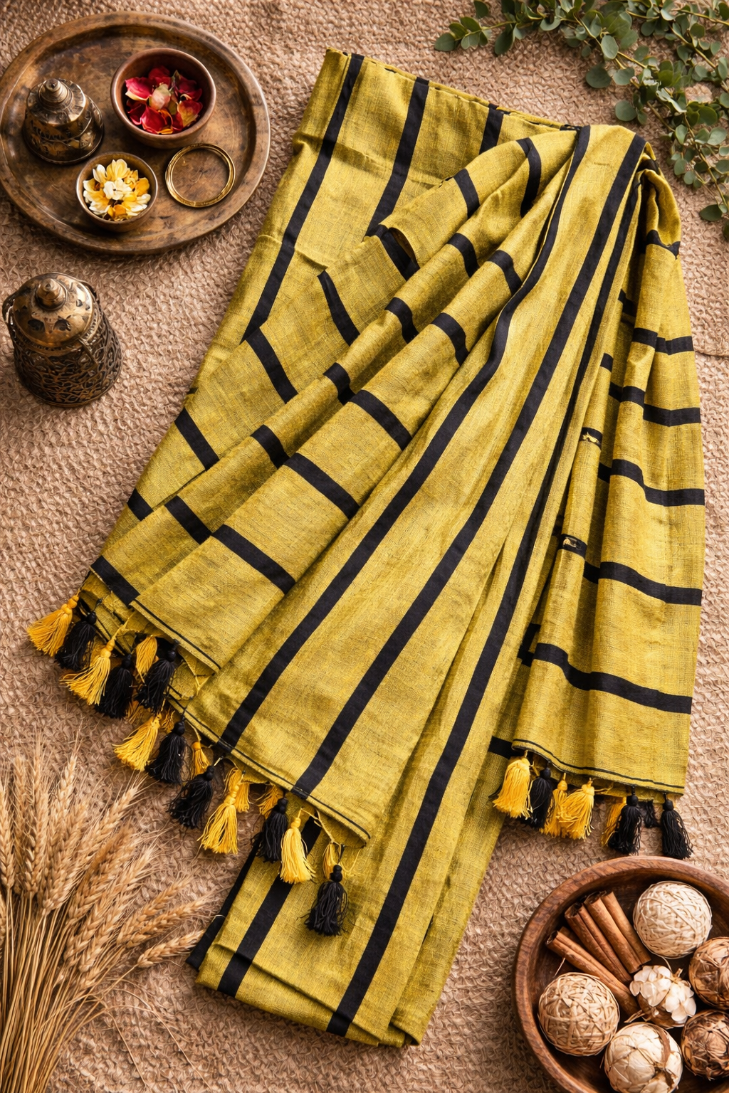 Olive — Olive Green & Black Broad Stripe Handwoven Cotton Saree