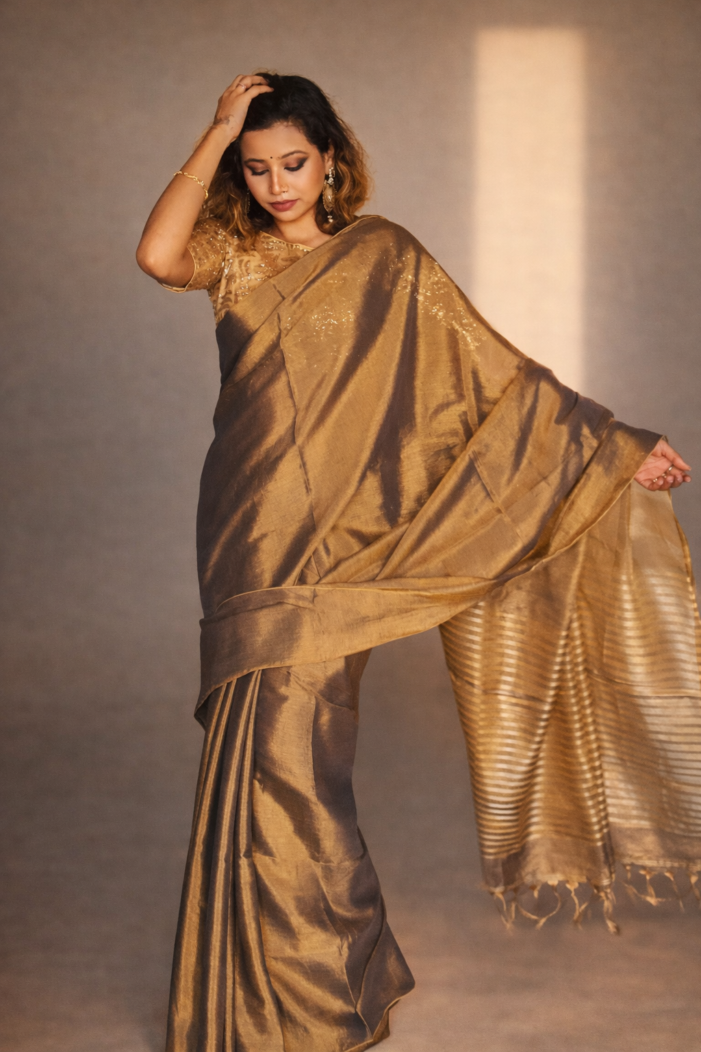 Copper Crush Saree pallu detail – Handloom Tissue Silk by RongSuta