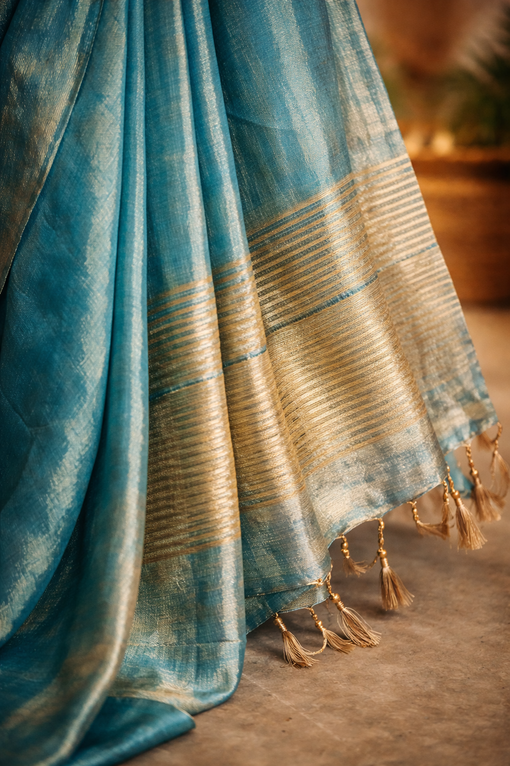 Sky High Blue Handloom Saree close-up weave – RongSuta
