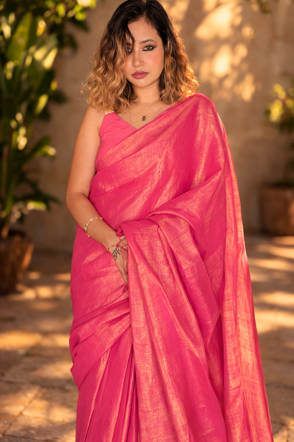 Hot Pink Handloom Saree full drape view – RongSuta