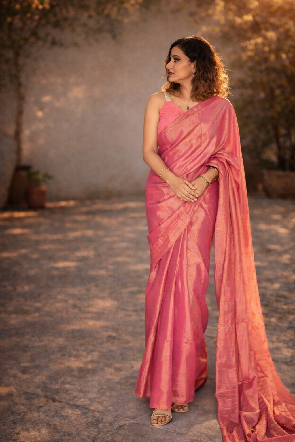 Pinky Pop Tissue Silk Saree flat lay – RongSuta premium ethnic wear