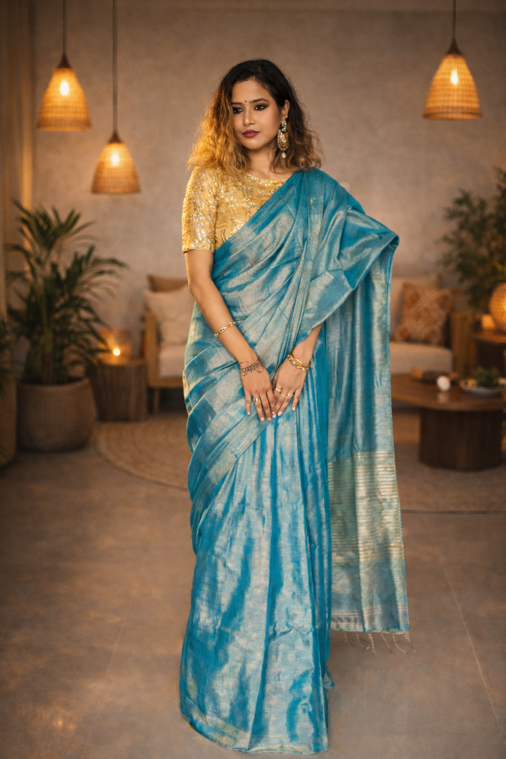 Sky High Saree flat lay with Zari Pallu – RongSuta