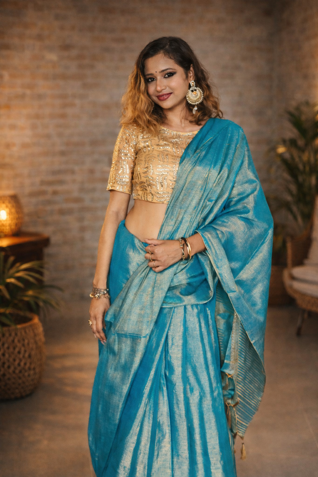 Sky Blue Premium Tissue Silk Saree drape detail – RongSuta 