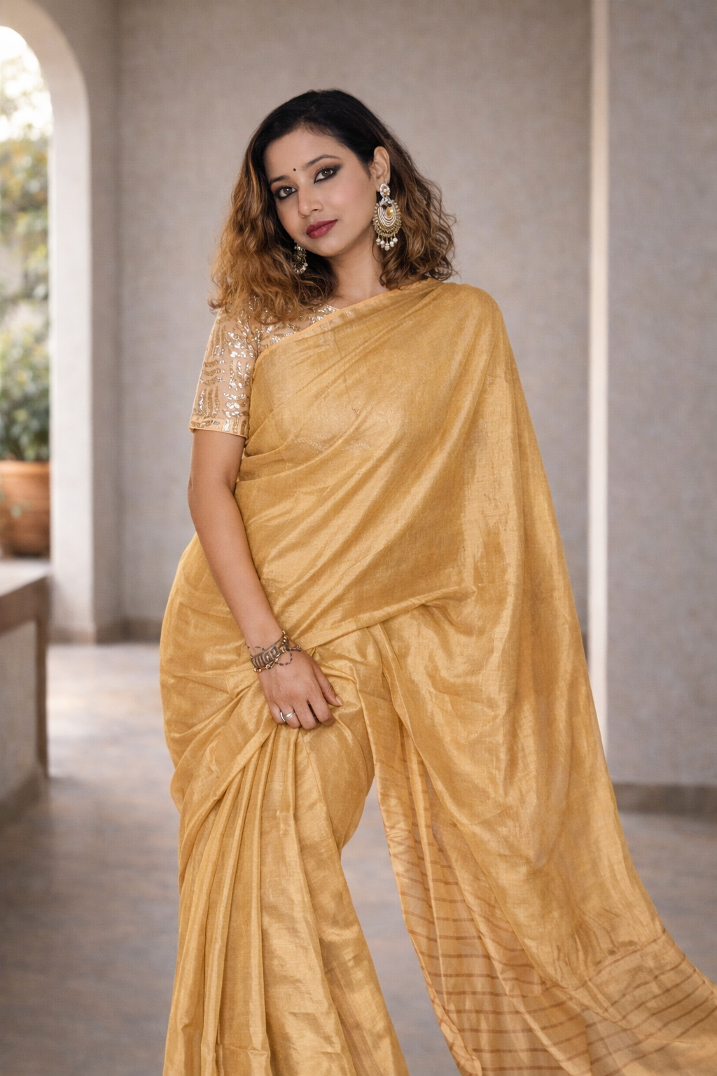 Jalebi Glaze Tissue Silk Saree flat lay with Zari Pallu – RongSuta