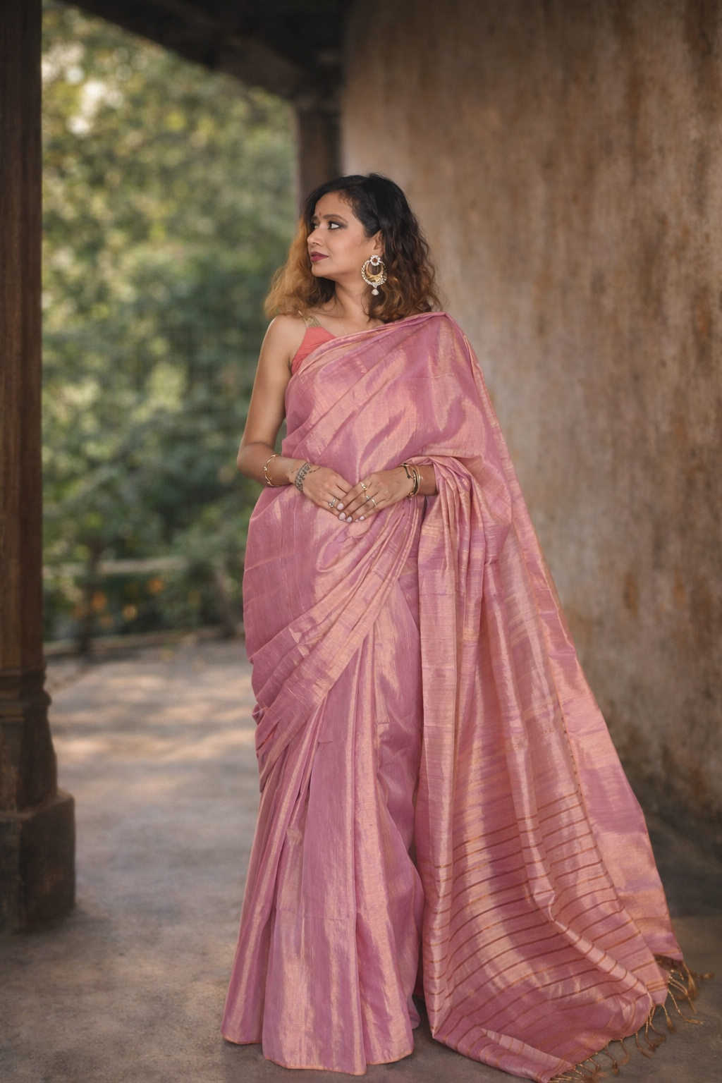 Pink Handloom Tissue Silk Saree full drape view – RongSuta