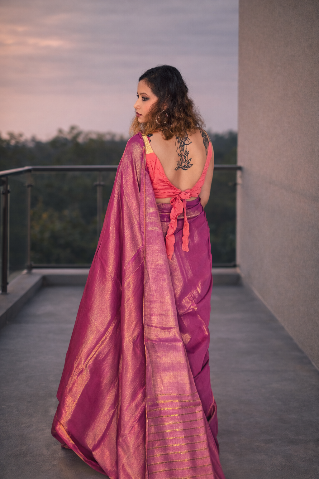 Purple Tissue Silk Saree draped elegantly – Meher Mist by RongSuta
