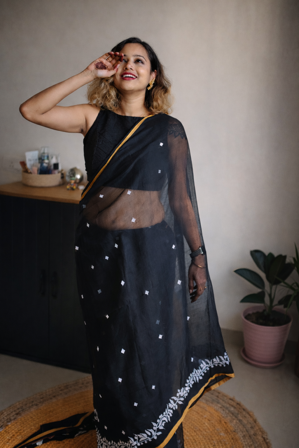 Black Mul Mul Cotton Saree full drape view – RongSuta